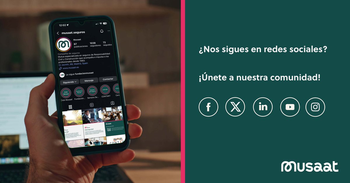 🎉Nuestra comunidad de seguidores cada vez es mayor. ¡Te animamos a seguirnos y enterarte de todas las novedades!

· LinkedIn: es.linkedin.com/company/musaat…

· Instagram: instagram.com/musaat.seguros/

· X: x.com/Musaat_Seguros

· Facebook: facebook.com/p/Musaat-10006…

· YouTube: