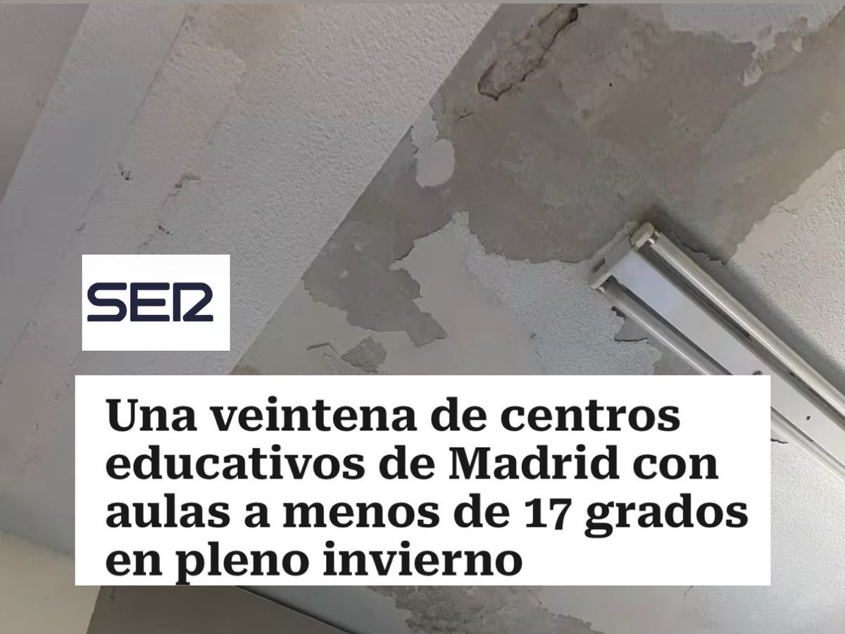 En Madrid ya hay VEINTE colegios e institutos donde los estudiantes llevan todo el invierno congelados.

A menos de 17 grados, con abrigo y las manos agarrotadas no se puede ni estudiar ni dar clase. Ayuso no hará nada para que tus hijos dejen de sufrir en las aulas.