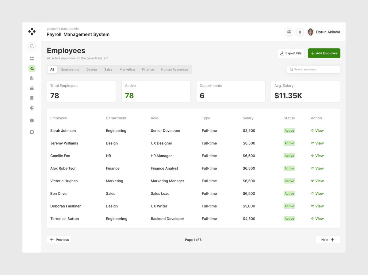DotunXYZ's tweet photo. Just completed 2 more pages for my Payroll management System Dashboard! 
- Payroll Runs - approval workflows, history, anomaly al
- Employee Management - search, filters, complete directory

Happy New Week https://t.co/mgExCMysXZ