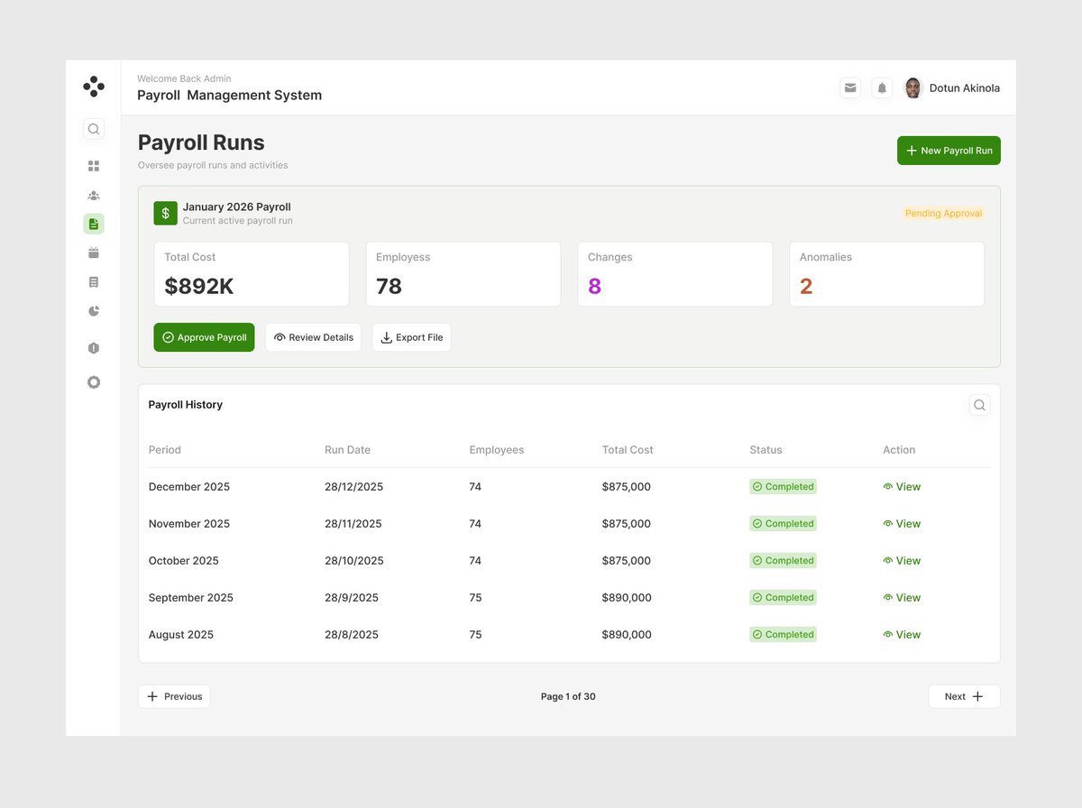 DotunXYZ's tweet photo. Just completed 2 more pages for my Payroll management System Dashboard! 
- Payroll Runs - approval workflows, history, anomaly al
- Employee Management - search, filters, complete directory

Happy New Week https://t.co/mgExCMysXZ