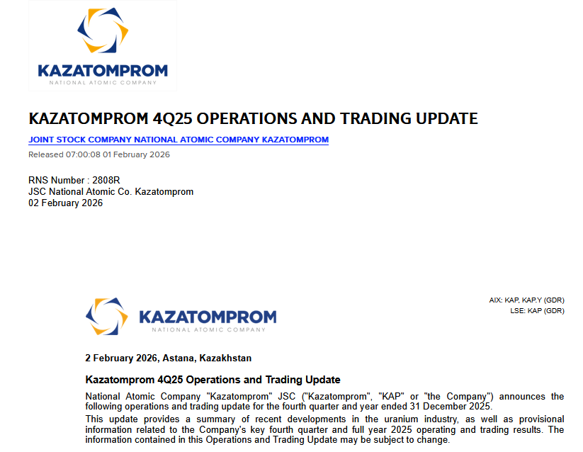 quakes99's tweet photo. Breaking!⚡️📰World's largest #Uranium miner Kazatomprom $KAP has released its 4Q25 and 2025 Full Year Operations and Trading Update, including its initial 2026 Production Guidance.🇰🇿⚛️⛏️🔮  #Kazakhstan's 2025 production was in line with midpoint of 2025 Guidance.✅

On 22 August 2025 $KAP announced a reduction to their 2026 Subsoil Use Agreements by -10% (-3,000tU) to 29,697tU (77.2M lbs)⬇️ and today they flexed down their 2026 Guidance to 5% below that SUA level to between 27,500 to 29,000tU, midpoint 28,250 tU (73.4M lbs) about -3.8M lbs below SUA.⬇️⛏️

They also include the warning: "The 2026 production guidance remains subject to sulphuric acid availability."⚠️🤠🐂
https://t.co/OU9wy7NnSr