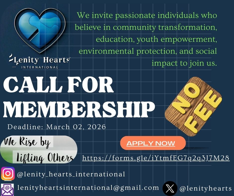 lenityhearts's tweet photo. We are officially open for membership!
If you believe in community transformation, education, youth empowerment, and social impact, this is your chance to join us.
🗓Deadline: March 02, 2026
📌 Apply here: https://t.co/54gS9bdNVd
#CallForMembership #LenityHeartsInternational https://t.co/g5XkfZqNSb