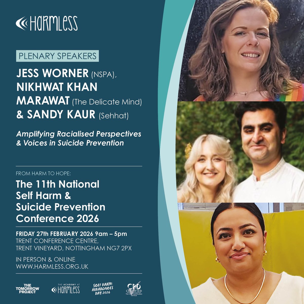 We’re delighted to announce that Jess Worner (<a href="/NSPA_UK/">National Suicide Prevention Alliance</a>), Nikhwat Khan Marawat (<a href="/Tweet_TDM/">The Delicate Mind</a>) &amp; Sandy Kaur (<a href="/sehhat_uk/">Sehhat</a>) will be leading a plenary at our #HarmToHope conference on amplifying racialised voices in suicide prevention. Book now to join us: bit.ly/3VJCDxa