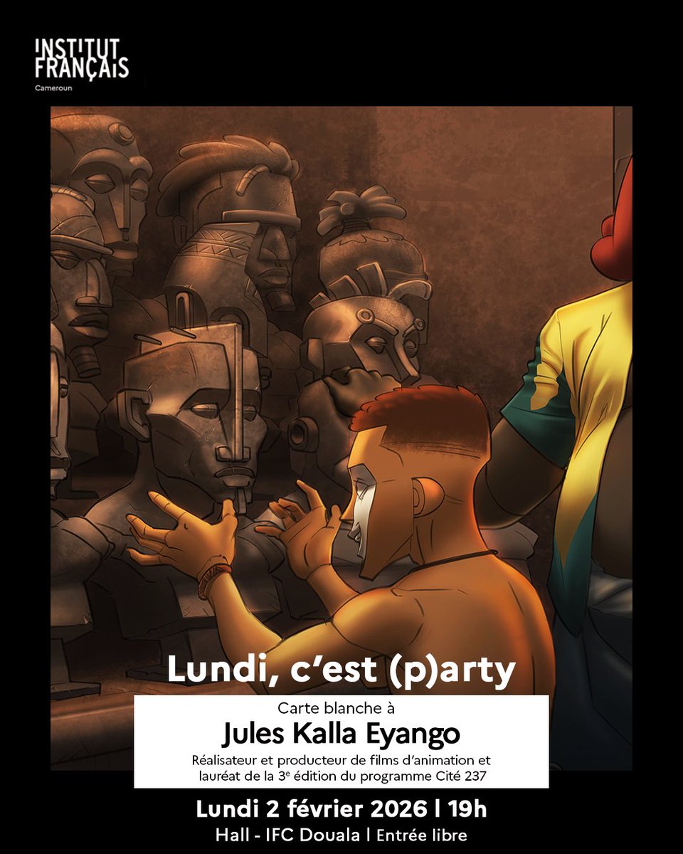 🎬 Lundi, c’est (p)arty à l’IFC Douala !

🛎️ Au programme, une projection de ses deux courts-métrages : « Mboa Matanda » (17 min) et « Noël au continent » (7 min), suivie d’un échange et de la restitution du programme, en partenariat avec la Cité internationale des Arts de Paris.