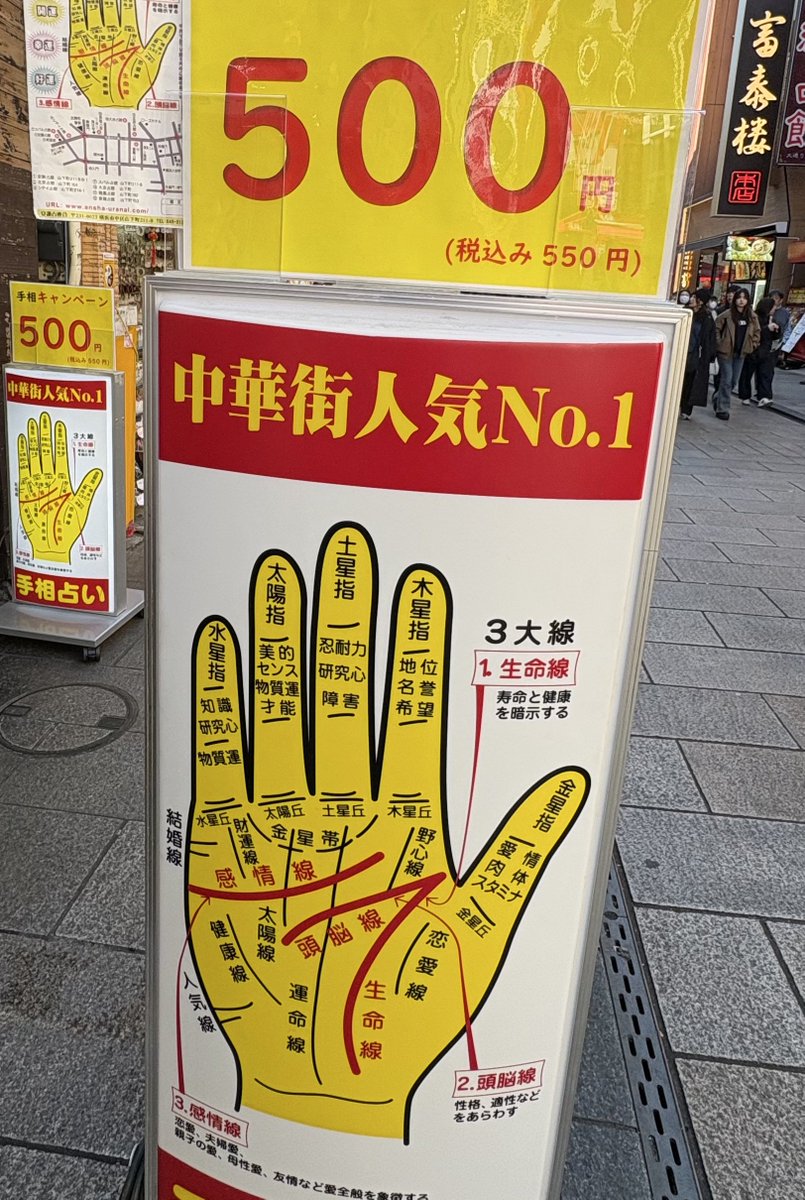 STARS_STRIPES_5's tweet photo. ねぇちょっと…待って！？噂通りだった。
横浜中華街の手相占い、正直あまり信じてなかったけど当たりすぎて怖かった🤣
500円だし「時間つぶしにやる？」くらいで寄ったら、手相見るだけ、質問ゼロ、ズバズバ言い当ててきた。

あまりに当たりすぎて家族と無言に。
正直、過去1当たってた。
500円でこれは強すぎ🤣
龍鳳占館。荒井さん。