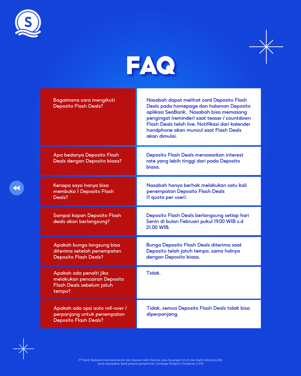 SeaBankID's tweet photo. SERBU DEPOSITO FLASH DEALS UNTUK MENDAPATKAN BUNGA HINGGA 7% P.A 🤭

Hai Sobat SeaBank! MinSea anjurkan kamu untuk menyalakan pengingat agar tidak kelewatan Deposito Flash Deals hari ini yang akan ada di pukul 19.00! Yuk mulai Februari kamu dengan CUAN 😍🫵🏻

Mulai langkah finansial yang lebih simpel 🎆🎉 Bersama SeaBank, kamu bisa nikmati GRATIS TRANSFER 100x/bulan, BUNGA CAIR SETIAP HARI, dan BUNGA TINGGI s.d. 6% p.a! Daftar sekarang dan mulai tahun baru dengan SeaBank 👉 https://t.co/i32A2fhfVe

PT Bank Seabank Indonesia berizin dan diawasi oleh Otoritas Jasa Keuangan (OJK) dan Bank Indonesia (BI) serta merupakan bank peserta penjaminan Lembaga Penjamin Simpanan (LPS).