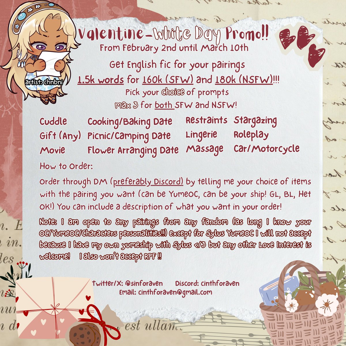sinforaven's tweet photo. rt and likes are appreciated!🪻

Valentine-White Day promo! 

3 slots available for Valentine orders and 3 for White Day orders!

Get your choice of prompts for 1.5k words only 160k (SFW) and 180k (NSFW). Choose 3 prompts, any from the lists written!

Check below for details 💜 https://t.co/VWxL6XPkBb