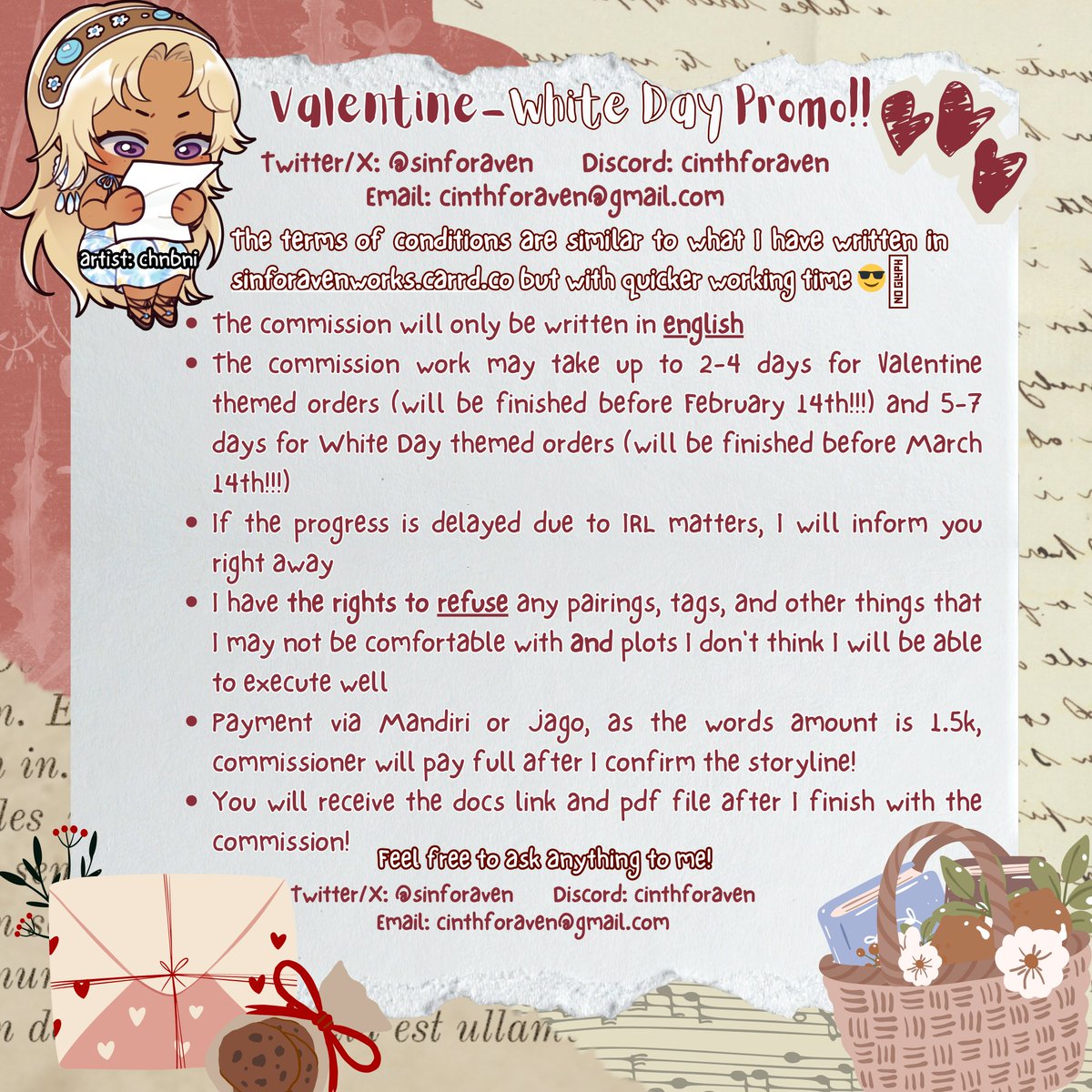 sinforaven's tweet photo. rt and likes are appreciated!🪻

Valentine-White Day promo! 

3 slots available for Valentine orders and 3 for White Day orders!

Get your choice of prompts for 1.5k words only 160k (SFW) and 180k (NSFW). Choose 3 prompts, any from the lists written!

Check below for details 💜 https://t.co/VWxL6XPkBb