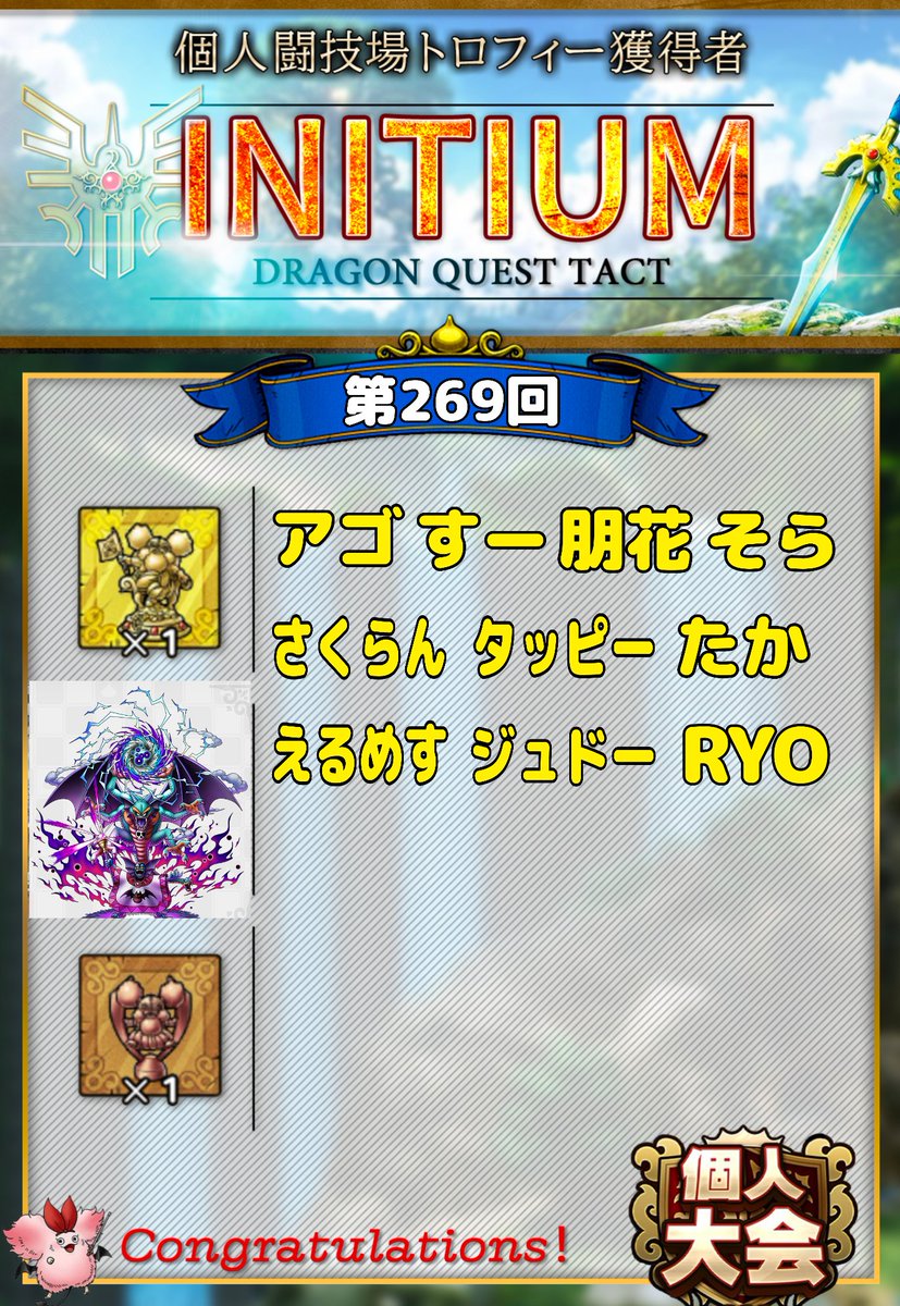 RYODQT1's tweet image. 〚⚔️第268・269回個人闘技場⚔️〛
“INITIUM”では、以下のメンバーが金トロ🏆をGETしました😊✨
🏆獲得&amp;amp;マスターリーグに進出した皆さん、おめでとうございます🎉
ギルド大会は予選2連勝と幸先のいいスタートが切れました🔥
#INITIUM
#個人闘技場
#個人リーグ大会