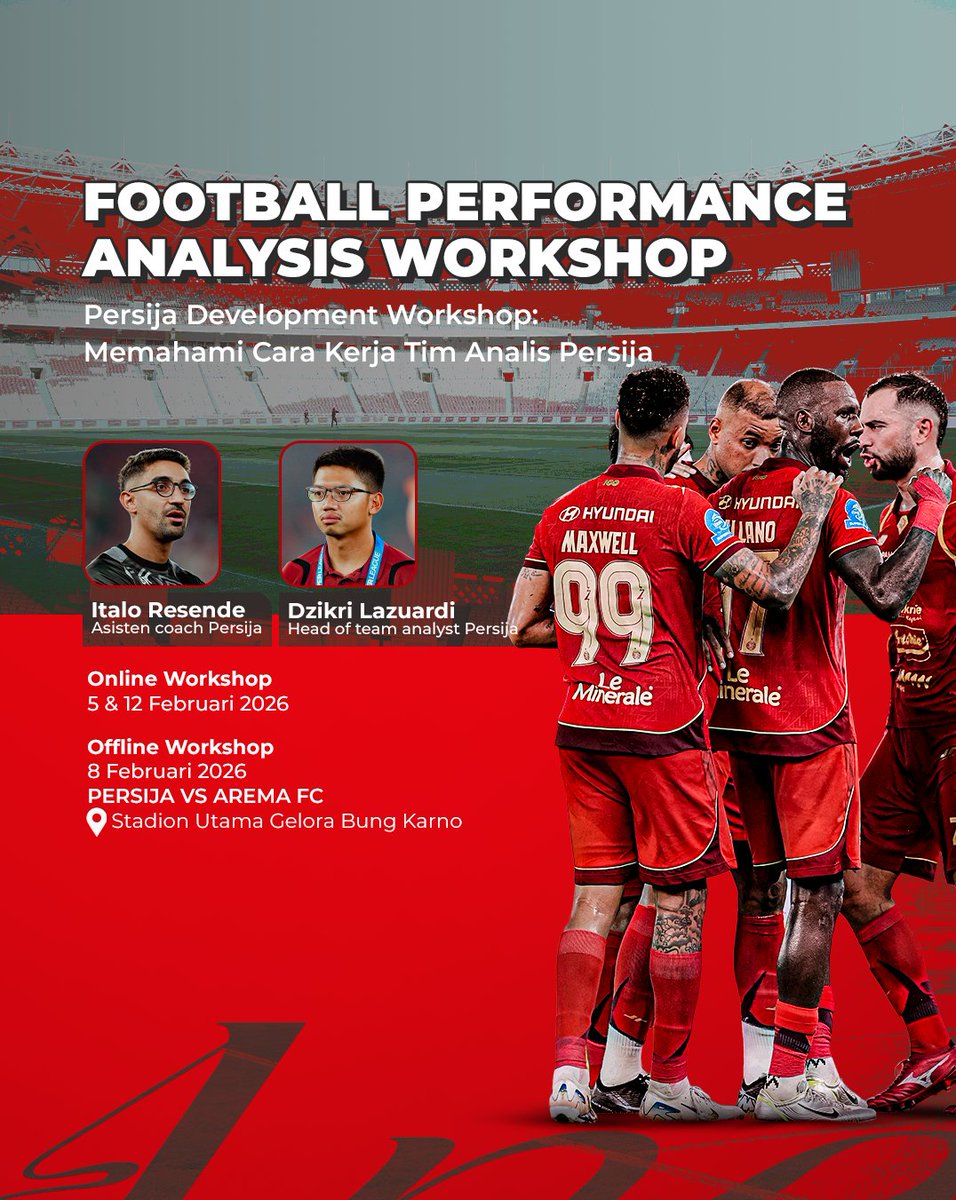 Persija_Jkt's tweet image. 𝐅𝐎𝐎𝐓𝐁𝐀𝐋𝐋 𝐏𝐄𝐑𝐅𝐎𝐑𝐌𝐀𝐍𝐂𝐄 𝐀𝐍𝐀𝐋𝐘𝐒𝐈𝐒 𝐖𝐎𝐑𝐊𝐒𝐇𝐎𝐏 ⚽💻

Laga Persija vs Arema FC di Stadion Utama Gelora Bung Karno akan menjadi studi kasus dalam event Football Performance Analysis Workshop. Dalam kesempatan ini, para peserta akan menganalisis langsung…