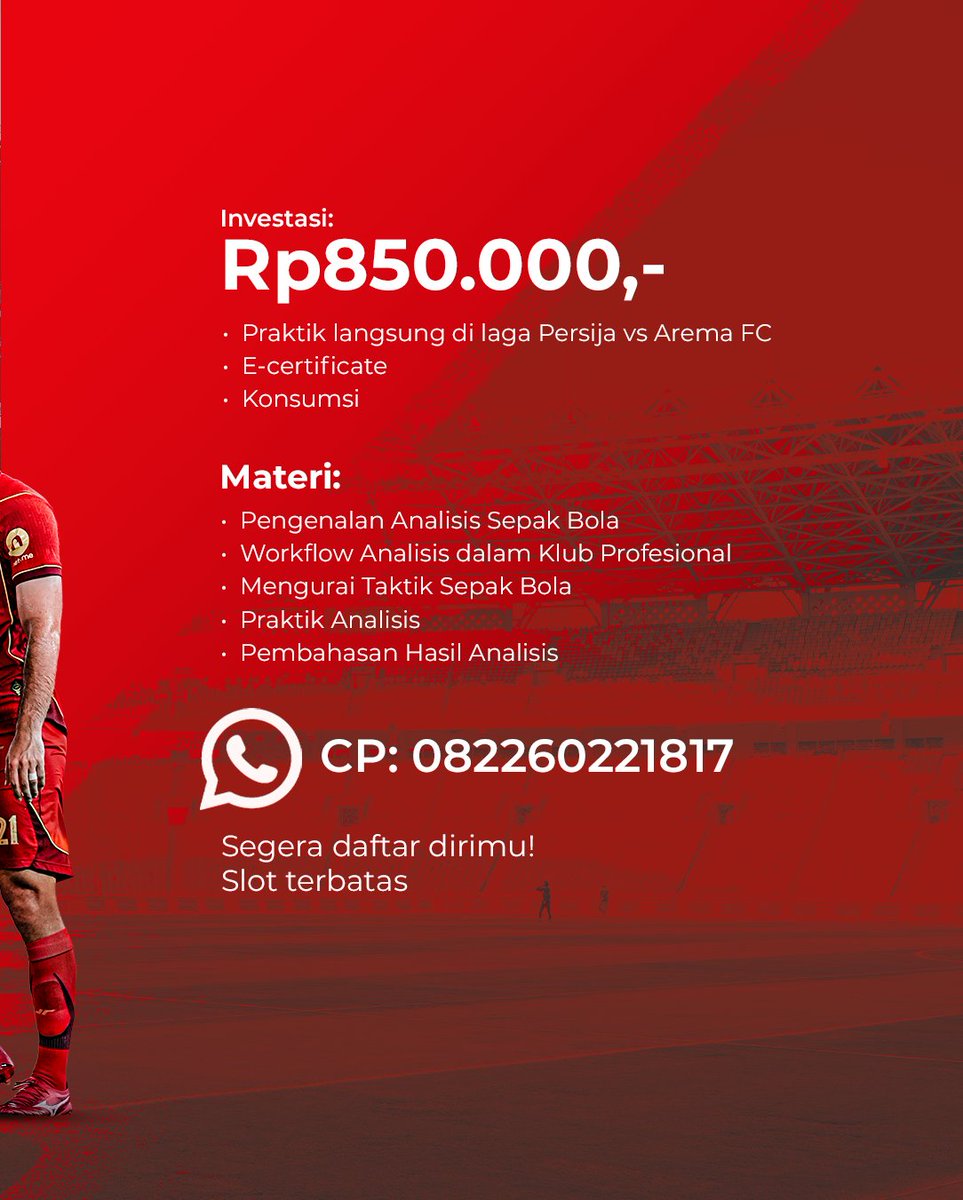 Persija_Jkt's tweet image. 𝐅𝐎𝐎𝐓𝐁𝐀𝐋𝐋 𝐏𝐄𝐑𝐅𝐎𝐑𝐌𝐀𝐍𝐂𝐄 𝐀𝐍𝐀𝐋𝐘𝐒𝐈𝐒 𝐖𝐎𝐑𝐊𝐒𝐇𝐎𝐏 ⚽💻

Laga Persija vs Arema FC di Stadion Utama Gelora Bung Karno akan menjadi studi kasus dalam event Football Performance Analysis Workshop. Dalam kesempatan ini, para peserta akan menganalisis langsung…