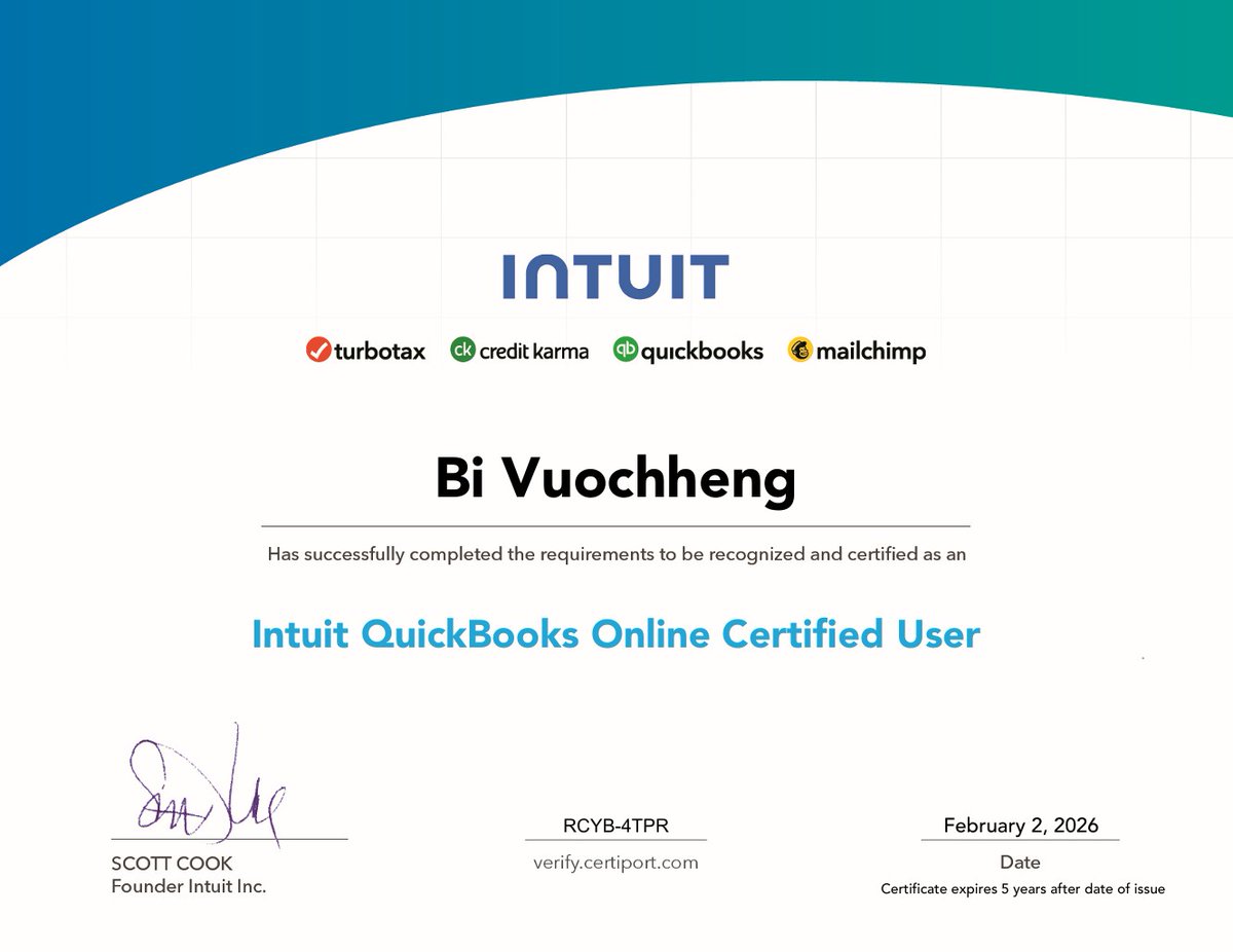 innovationkh's tweet photo. 🎉 Congratulations to Bi Vuochheng on her remarkable achievement in being officially recognized and certified as an Intuit QuickBooks Online Certified User on 2 February 2026, through an in-person examination at Innovation School of Education.

#ISE #Certiport #CertifiedUser https://t.co/sSfmelfLw2