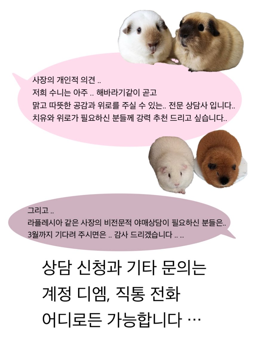 드디어 전문적이고 정말 편도 들어주며.. 
회복과 치유가 가능한 고급 상담이 오픈 되었습니다 .. 

혹시라도 사장의 노답야매 1호선 대면상담을 기다리신다면.. 
3월까지 기다려 주세용. .. .. 

항상 감사드립니다 …
2월도 화이팅 ..