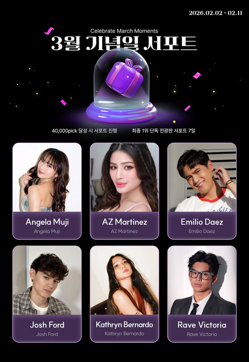 idolpick_vote's tweet image. 🎉𝗛𝗔𝗣𝗣𝗬 𝗔𝗡𝗡𝗜𝗩𝗘𝗥𝗦𝗔𝗥𝗬 𝗶𝗻 𝗠𝗮𝗿𝗰𝗵

🥳3월의 주인공을 픽해주세요!
🥳Pick Your March Icon!

🏆40,000pick 달성 → 기념일 REWARD
🗓️~ 02.11

🎉
#AngelaMuji
#AZMartinez
#EmilioDaez
#JoshFord
#KathrynBernardo
#RaveVictoria

🎁idolpick.donga.com/idol/special_v…

#3월_생일…