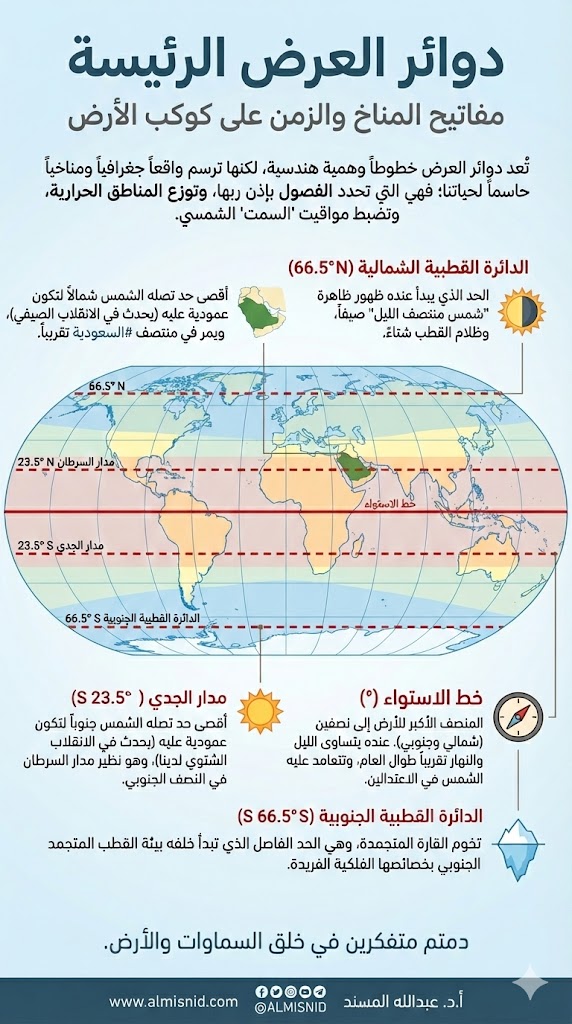دوائر العرض الرئيسة
مفاتيح المناخ والزمن على كوكب الأرض

تُعد دوائر العرض خطوطاً وهمية هندسية، لكنها ترسم واقعاً جغرافياً ومناخياً حاسماً لحياتنا؛ فهي التي تحدد الفصول بإذن ربها، وتوزع المناطق الحرارية، وتضبط مواقيت "السمت" الشمسي.

خط الاستواء:
المنصف الأكبر للأرض إلى نصفين