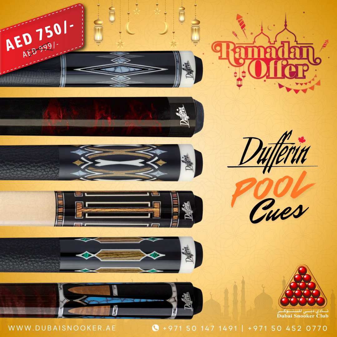 SnookerDubai1's tweet image. Dufferin Pool Cues | Our Ramadan Special is now live, making it the perfect time to grab that cue you’ve had your eye on.

Delivery across GCC. 📦

🛒It's Available Online! Shop Now
🌐dubaisnooker.ae

#dufferin #billiardcue #poolcue #ramadanoffer #billiards #ramadansale