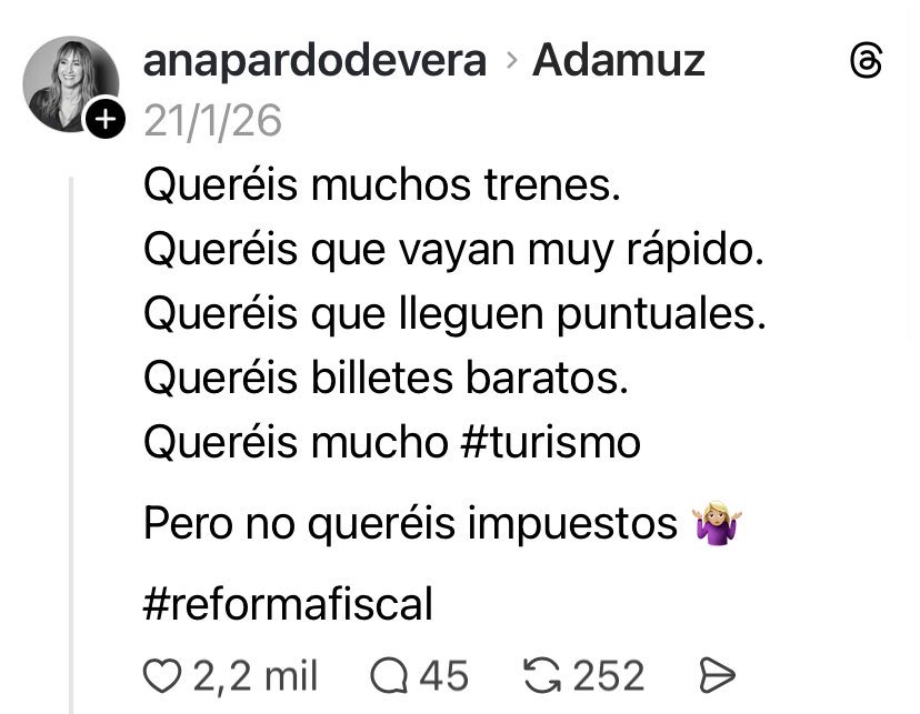 Y sobre todo nos habría gustado que tu hermana no estuviera siendo investigada por pertenencia a organización criminal, cohecho, tráfico de influencias, prevaricación y malversación de caudales públicos mientras fue presidenta de Adif, Ana.