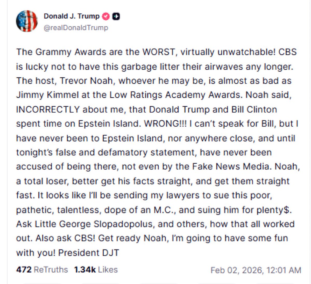 The President of the USA, threatening to sue a comedian for making a joke about him.

Please lecture me more about freedom of speech, Americans.