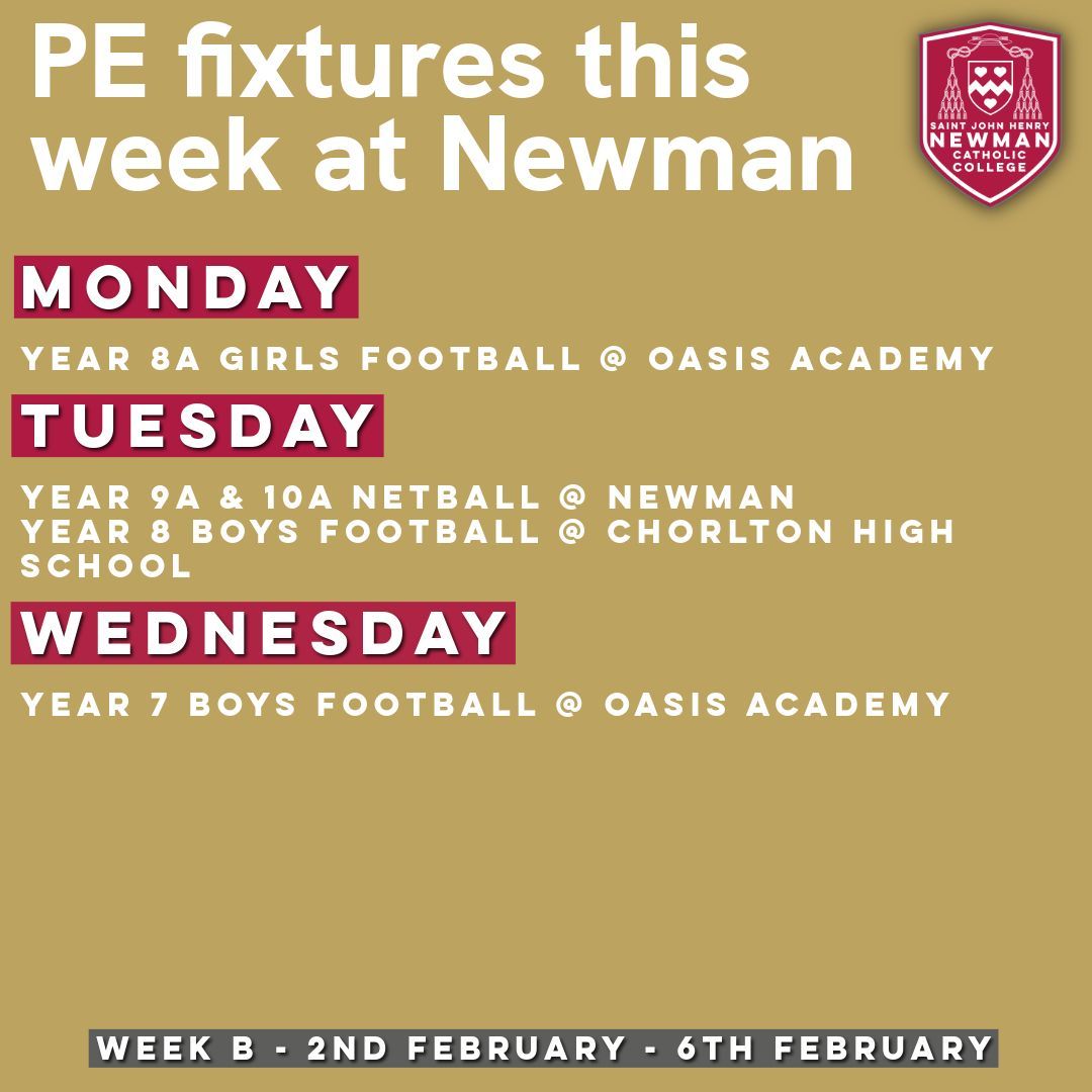 NewmanRCCollege's tweet image. Check out this week's PE fixtures!  

Good luck everyone!

#TeamNewman
