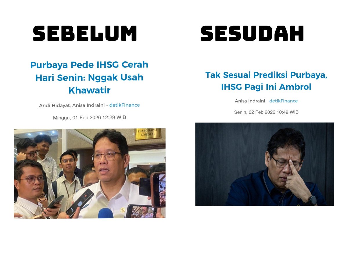✅️ Deputi Gubernur BI sudah diganti
✅️ Direktur BEI sudah mundur
✅️ Kepala OJK juga sudah mundur

Gue curiga, jangan2 PROBLEM manajemen ekonomi kita emang ada di Menteri Keuangannya?

Makanya, bicara yang terukur pak Purbaya. Jangan kebanyakan ANGIN SURGA.
