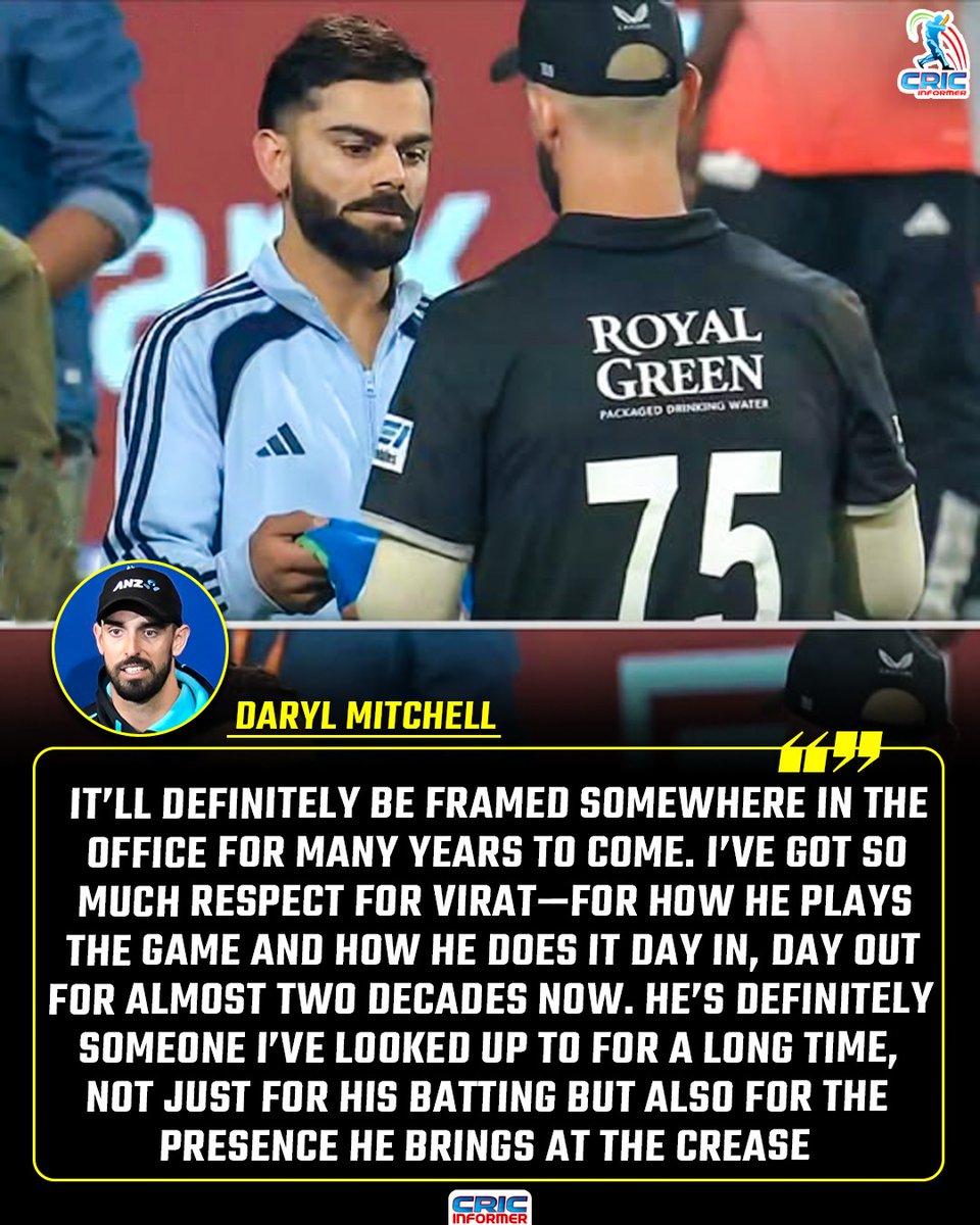 CricInformer's tweet photo. Daryl Mitchell on Virat Kohli’s Signed Jersey

#indvsnz #darymitchell #ViratKohli #Cricket https://t.co/WPZ636pkk9