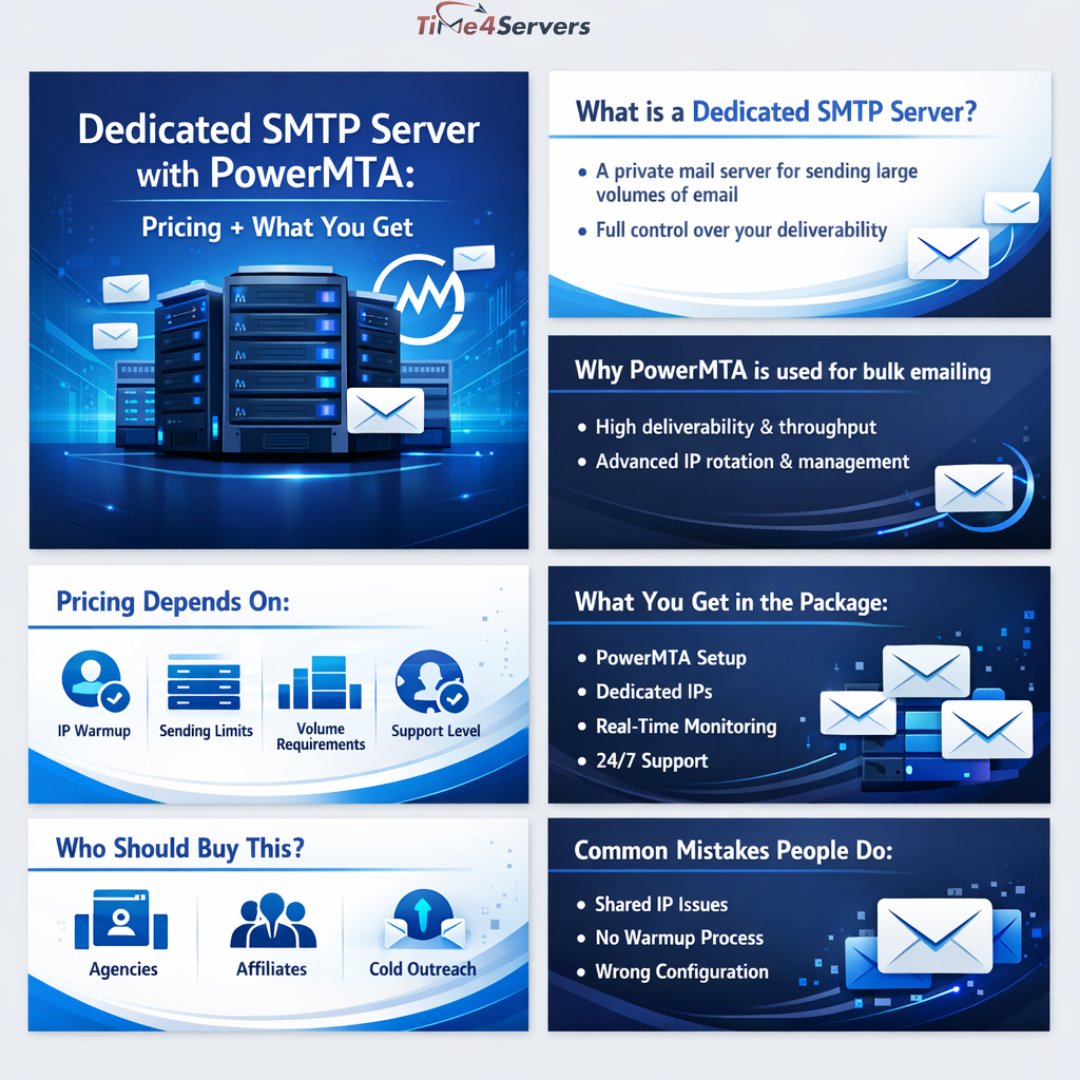 Time4serversL's tweet photo. 🚀 Dedicated SMTP Server + PowerMTA = Serious Inbox Placement

If you’re sending bulk emails (affiliate / agency / cold outreach) and still using random shared SMTPs…
you’re literally risking:
(-) poor inbox rate
(-) spam placement
(-) domain/IP blacklist
(-) unstable delivery https://t.co/42SR2L15rB