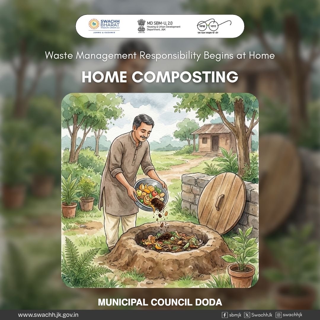 Home composting lets you manage household waste responsibly, reduce landfill load, recycle kitchen scraps, &amp; create nutrient-rich organic manure for healthier plants.

 #SwachhBharatMission
 #MoHUA
 #SbmUrban
 #SwachhSurvekshan2025
 #Swachhjk
#SustainableLiving 
#HomeComposting