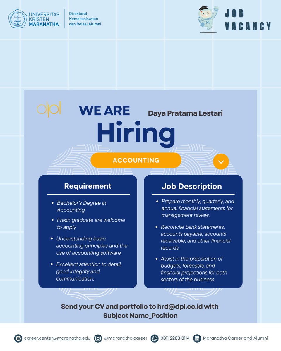 [JOB VACANCY – DPL Group]

Accounting
Sales Marketing Venue
Quantity Surveyor

Send your CV to hrd@dpl.co.id
Subject Name_Position

Untuk informasi lowongan kerja, follow sosial media kami
<a href="/maranatha/">Maranatha Volunteers International</a>.career
#bravoalumnimaranatha #alumnimaranatha #kitamaranatha