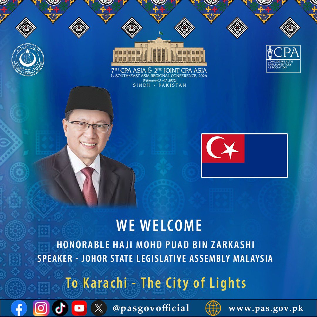 We warmly welcome Honorable Haji Mohd Puad Bin Zarkashi, Speaker, Johor State Legislative Assembly of Malaysia, to Karachi — the City of Lights, for the 7th CPA Asia and 2nd Joint CPA Asia &amp; South-East Asia Regional Conference 2026.

<a href="/DrPuadZarkashi/">Dr.Puad Zarkashi</a> <a href="/drpuadzar/">Dr Puad Zarkashi</a> <a href="/CPA_Secretariat/">Commonwealth Parliamentary Association (CPA) HQ</a>