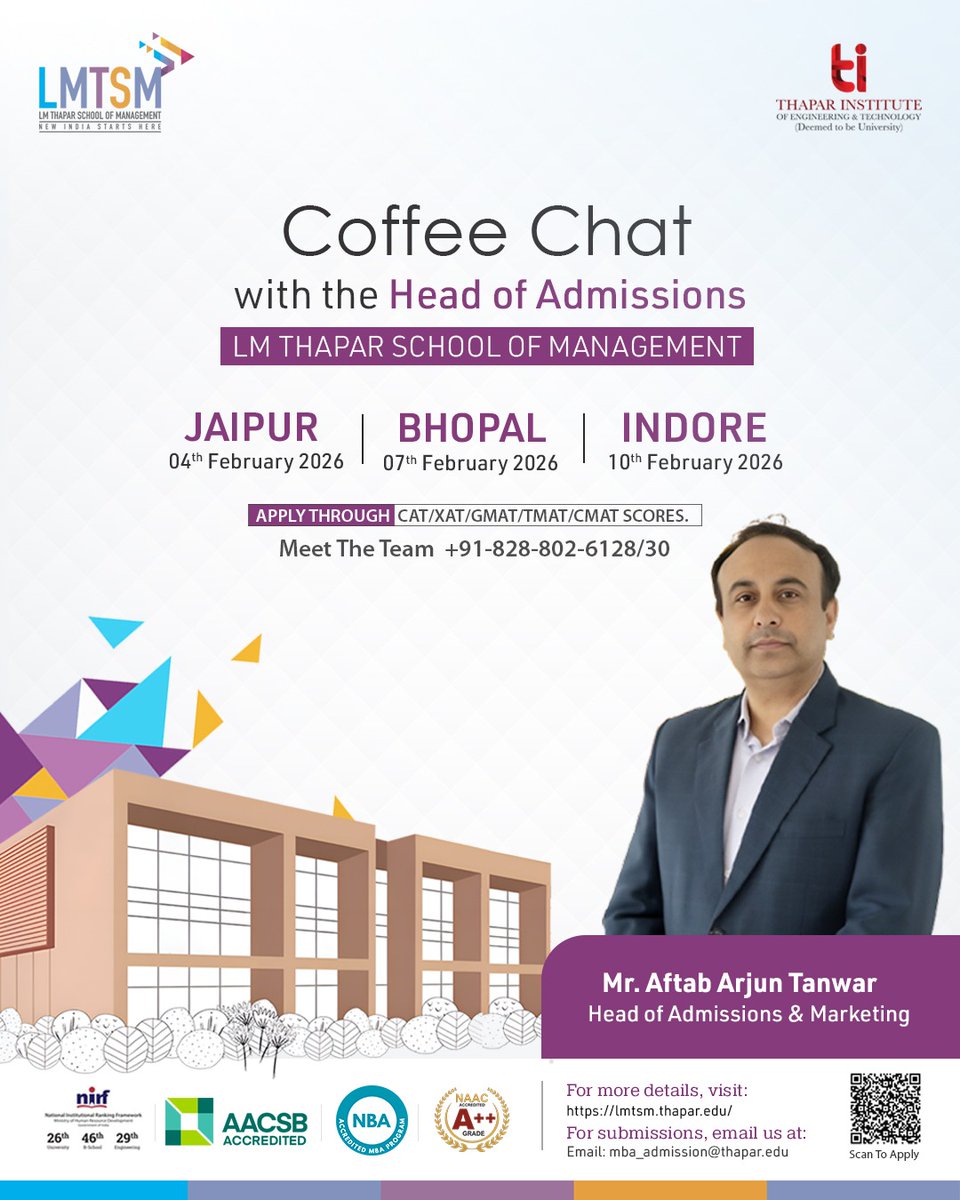 LMTSM brings you an exclusive Coffee Chat with the Head of Admissions, an opportunity to engage, ask, and gain first-hand insights into your MBA journey.
For more details, visit lmtsm.thapar.edu

#CoffeeChat #LMTSM #MBAAdmissions #FutureLeaders #AACSBAccredited