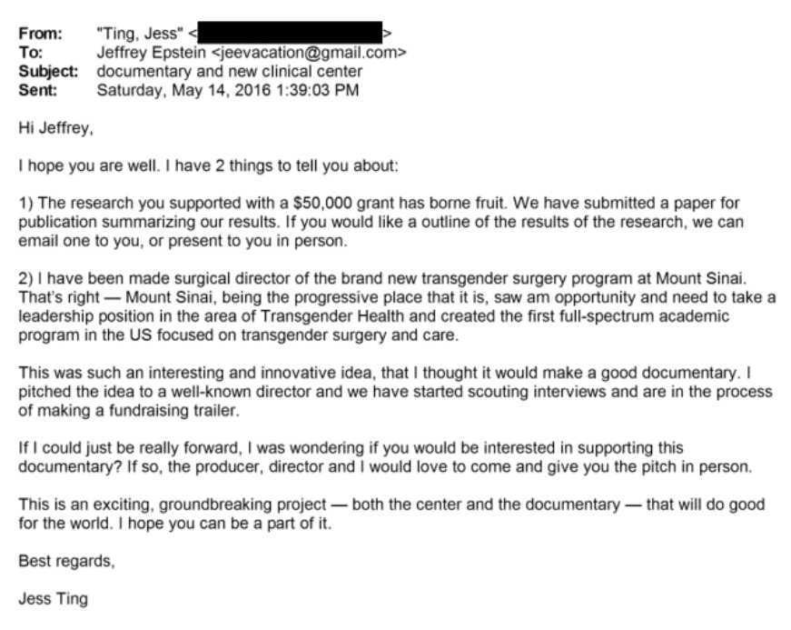 ripx4nutmeg's tweet image. The latest Epstein files reveal that a surgeon who performs 'sex change' operations, including on young people such as Jazz Jennings, visited the island with three children. Jess Ting was also given thousands of dollars which emails suggest was invested in transgender 'research'