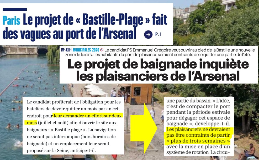 #EmmanuelGrégoire a improvisé son programme : le 22 janvier, il affirme que les bateaux du port de l'Arsenal devront partir 2 mois l'été pour permettre la baignade. 10 jours plus tard, face à la fronde, il diminue la durée à 3 semaines, et soutient qu'il va "compacter le port"