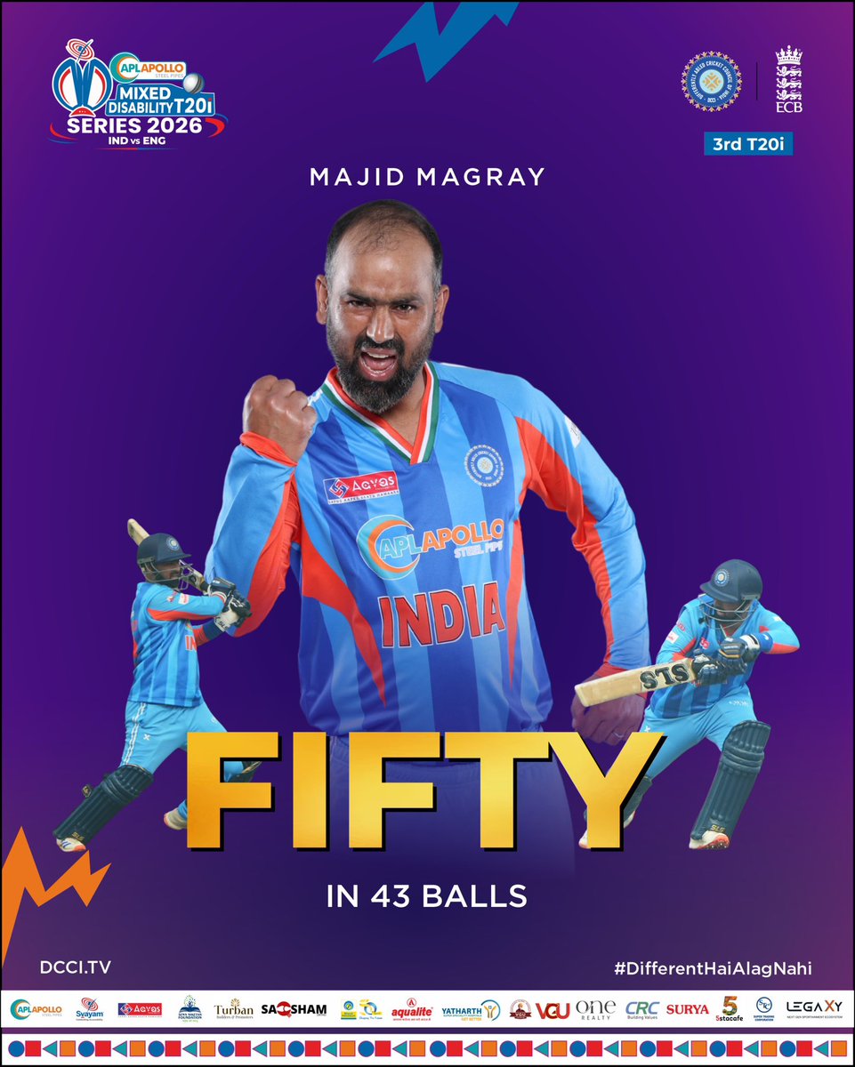 dcciofficial's tweet photo. Majid Magray lights up the 3rd T20i ๐ฅ๐
A powerful fifty off 43 balls, showing composure, strength, and intent for India!
@JayShah @ICC @BCCI
#DifferentHaiAlagNahi #DCCI #MixedDisability #CricketForAll https://t.co/ucyg3elnIV