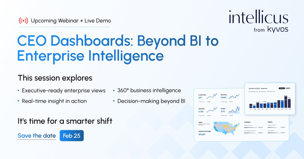 Leaders today need one enterprise view connecting strategy, operations and outcomes in real time. 
Join our webinar to see how Intellicus delivers 360° intelligence and real-time insights with predictive visibility across the enterprise. 
Save your seat. intellicus.com/ceo-dashboards…