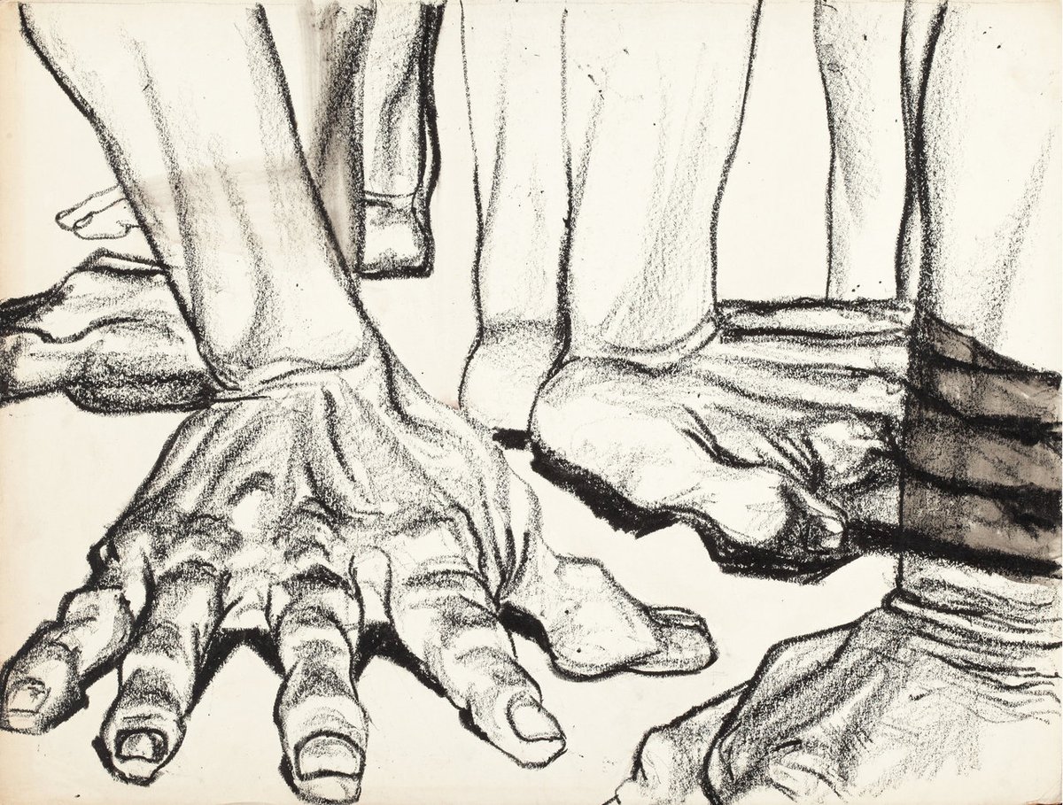 ArtorOtherThing's tweet image. John Biggers (American, 1924-2001), Hands. Charcoal on board