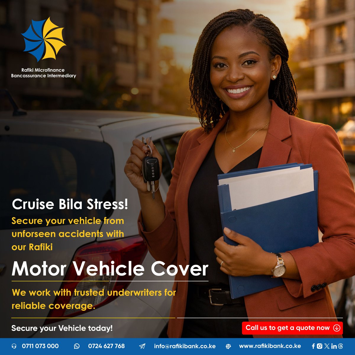 RafikiBank's tweet image. Secure your peace of mind on the road with Rafiki Motor Vehicle Cover. We partner with trusted underwriters to ensure you get reliable, comprehensive protection every time you drive.

📞0711 073 000.

#rafikibancassuranceintermediary #MotorVehicleInsurance