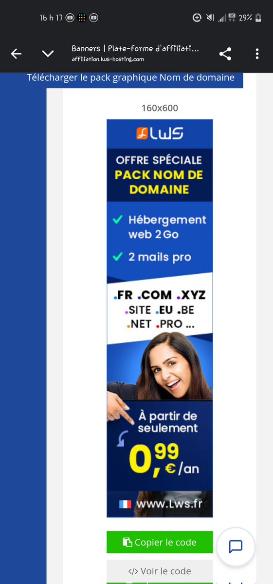 Besoin d'un hébergement web pas cher en France ? LWS offre des noms de domaine dès 0,99 €/an + hébergement gratuit inclus !"
<a href="affiliation.lws-hosting.com/statistics/cli…" target="_blank" /><img src="affiliation.lws-hosting.com/banners/viewba…" border="0" /></a><br />