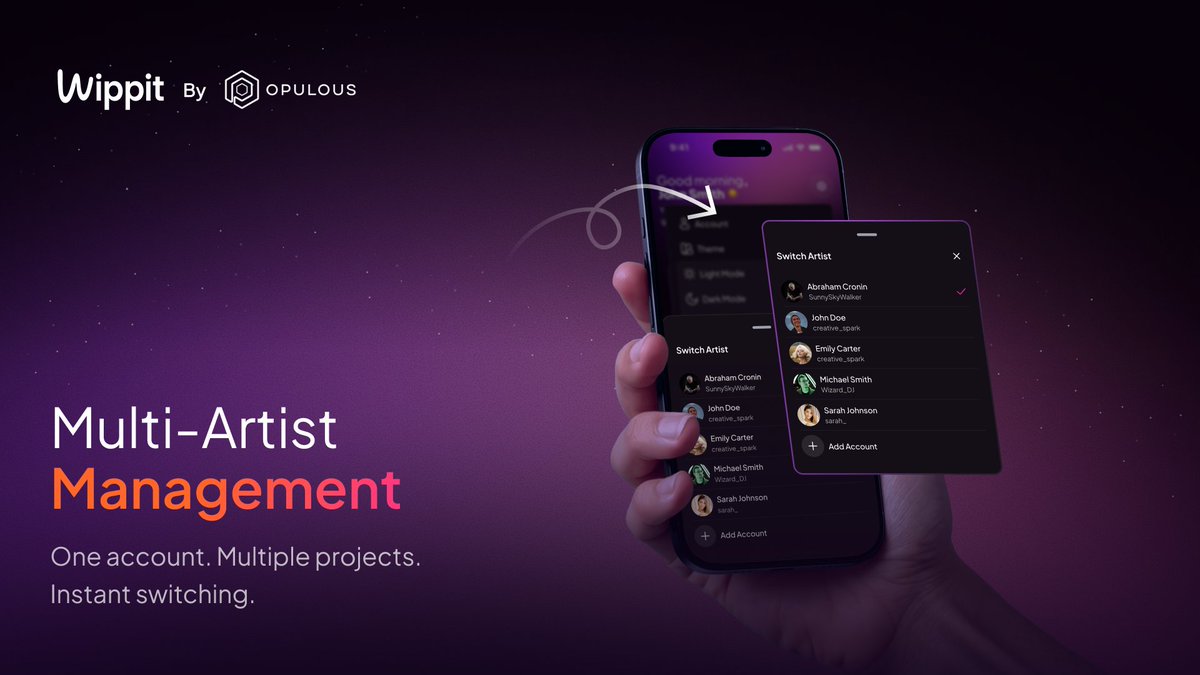 Multi-Artist Support ships this week 🎉

Manage all your artists from one Wippit account:

✅ Separate profiles for each artist
✅ Unique AI personas per artist
✅ Switch between artists in one click
✅ Individual analytics for each

For labels, managers, multi-project artists.