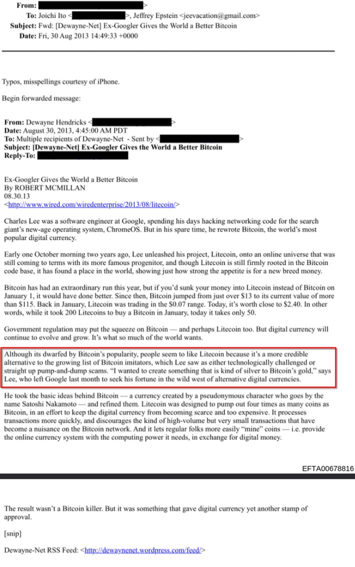 ChrisOnCrypto1's tweet photo. Found this in the Epstein files - not exactly riveting stuff and certainly not dramatic, but it goes to show how everyone knew even back in 2013 that #Litecoin is a legitimate high-integrity asset.

https://t.co/VPkgfcdDp2 https://t.co/q0lx1PeimR
