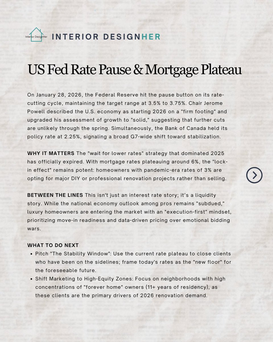 Int_Designher's tweet photo. Get your Interior Design News for February 2, 2026
⠀
We've got major financial news surrounding mortgage rates &amp; US economic stability, news on how AI image generation tools are evolving, and some good news on the rising interior design business expectations for 2026 https://t.co/gqkb3jwuRi