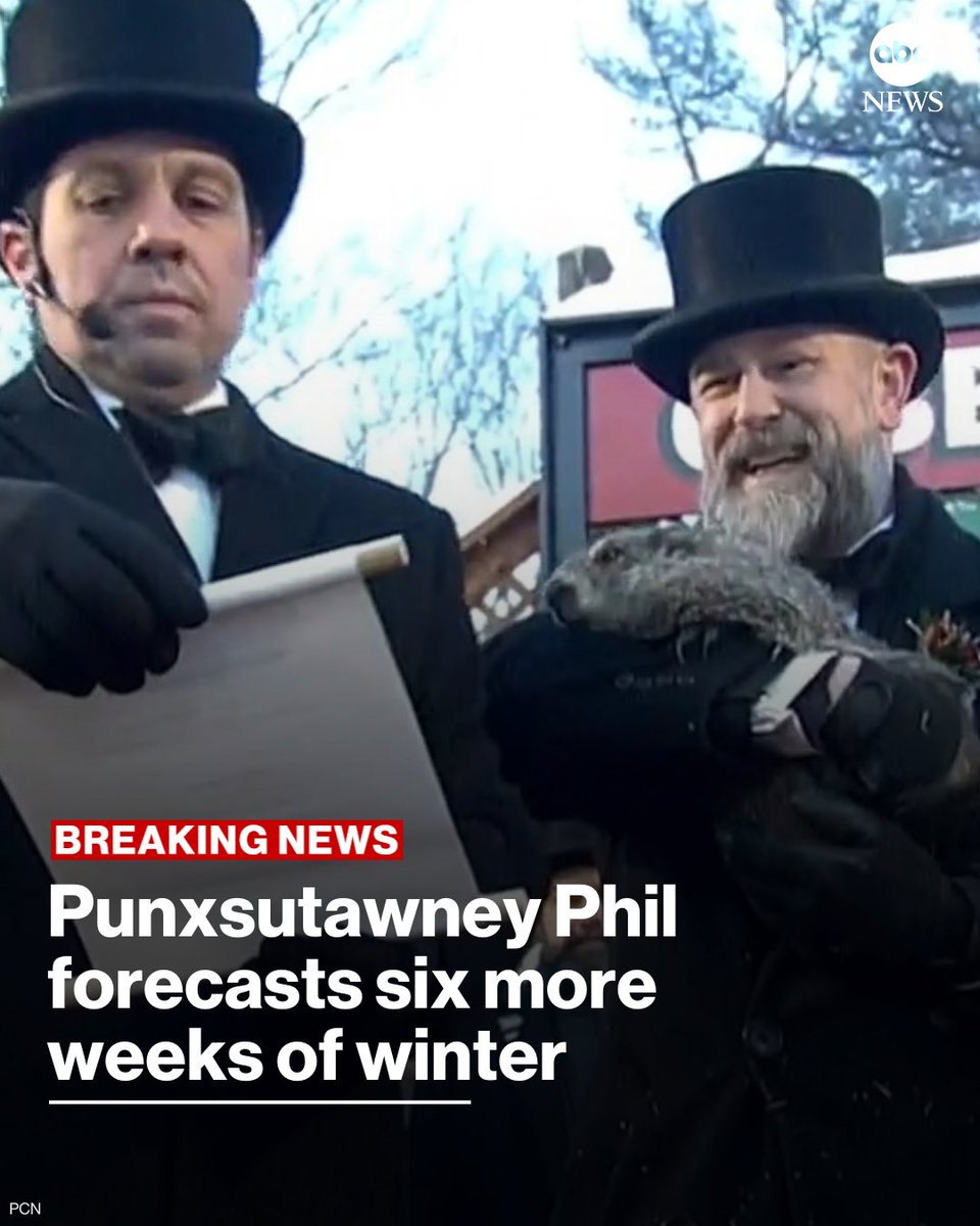 JUST IN: Punxsutawney Phil's handlers have announced that the weather-predicting groundhog saw his shadow, forecasting six more weeks of winter.

Read more: abcnews.link/ePveX2t