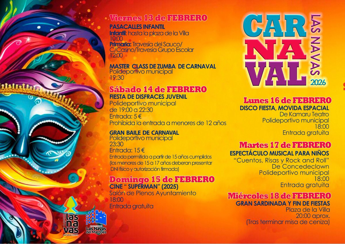 🎭🎉 Carnaval en familia en Las Navas del Marqués 🚀🤘
¡Ve tomando nota porque vienen días llenos de diversión para peques y mayores!

🦸‍♂️🎥 Sesión de cine con la nueva peli de Superman
🚀🪩
DISCO FIESTA. Viaje Espacial
🤘📖
Cuentos, risas y rock &amp; roll
#carnaval #planesconniños