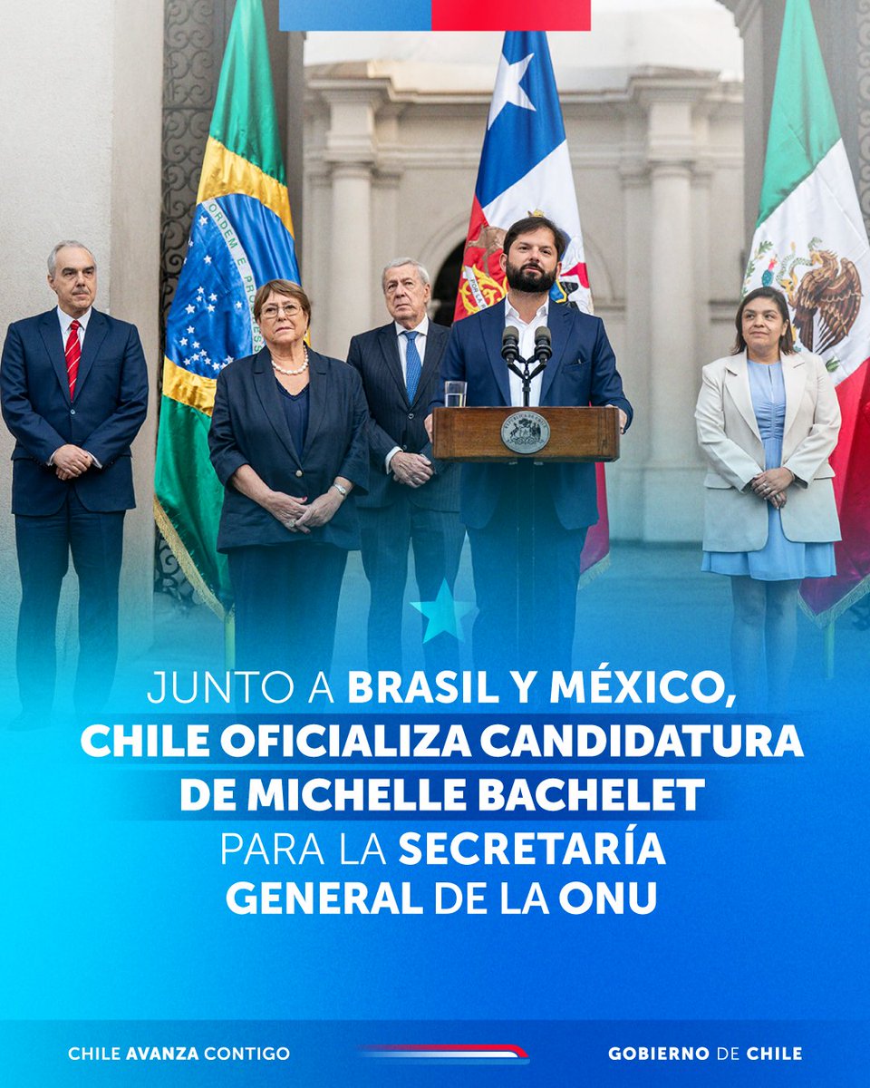 🇨🇱🇧🇷🇲🇽 Los gobiernos de Chile, Brasil y México presentaron formalmente la candidatura de la expresidenta Michelle Bachelet Jeria para liderar la Organización de Naciones Unidas.

Su vasta trayectoria da cuenta de una experiencia política y humana que le permite ofrecer un aporte