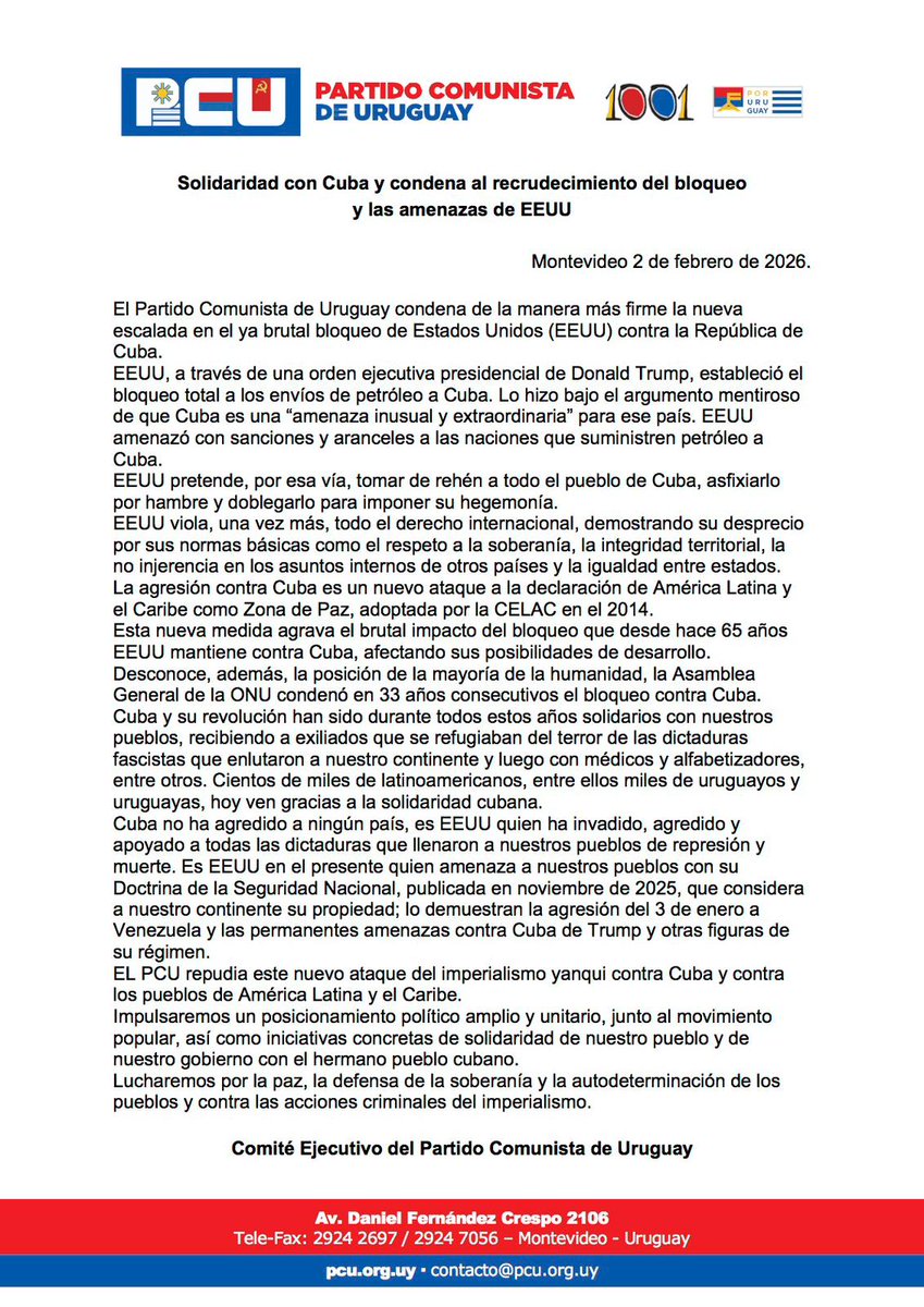 Solidaridad con Cuba y condena al recrudecimiento del bloqueo
y las amenazas de EEUU

El Partido Comunista de Uruguay (PCU) condena de la manera más firme la nueva
escalada en el ya brutal bloqueo de Estados Unidos (EEUU) contra la República de Cuba.