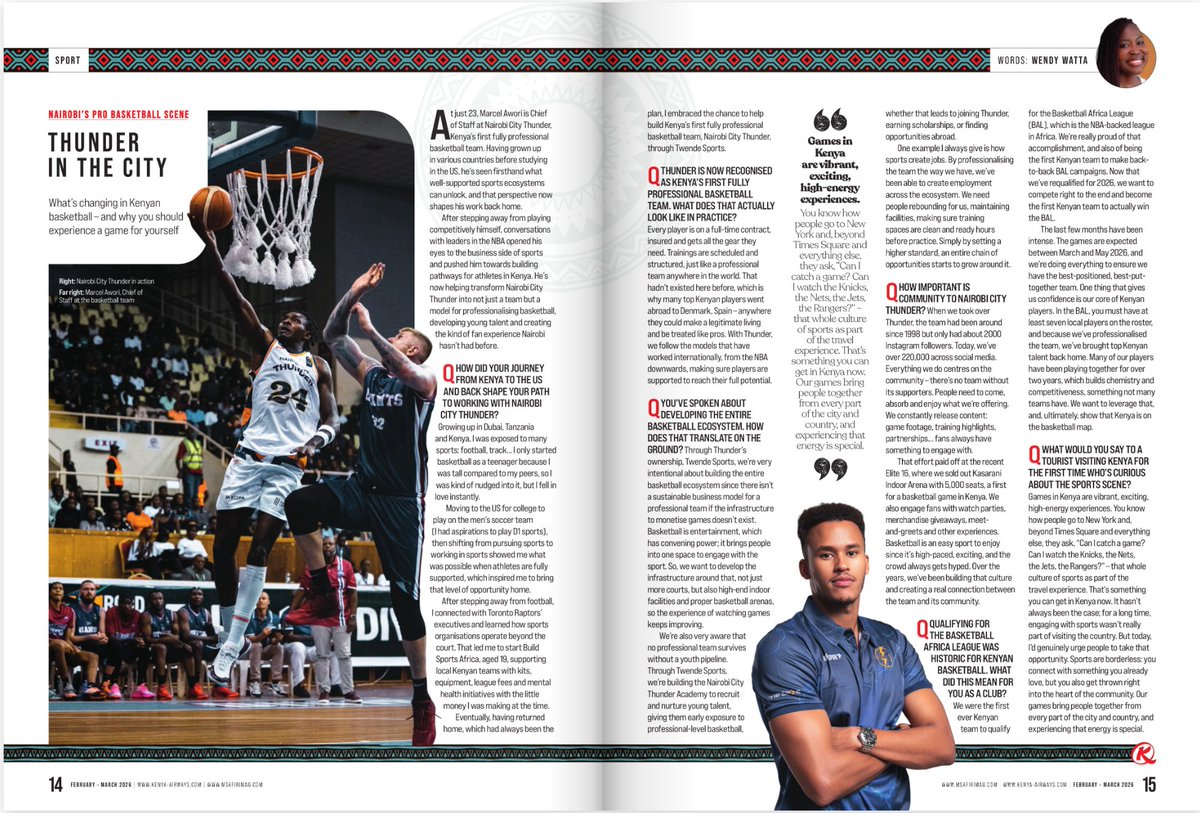 nct_basketball's tweet photo. Our Chief of Staff, Marcel Awori, is featured in Msafiri Magazine ⚡️It spotlights the real work behind professionalizing basketball in Kenya.
#WeAreThunder #KenyanBasketball #BuildingInAfrica #Leadership #NairobiCityThunder https://t.co/h9U4FiEyke