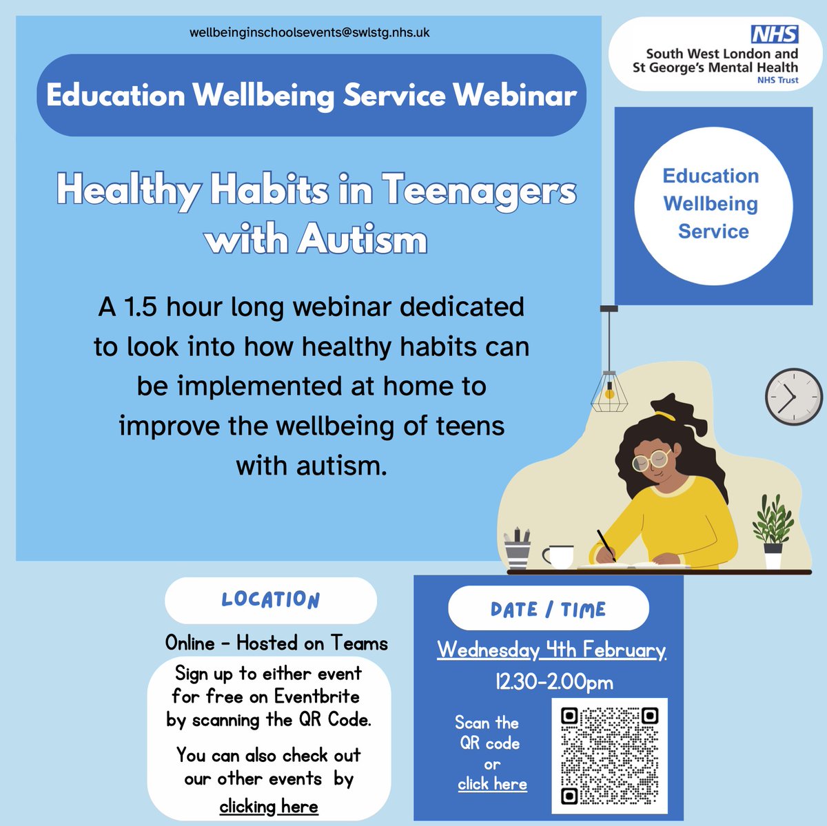  February Wellbeing Webinars 
Free NHS sessions for HASU parents & carers this month.
 Topics include:
&bull; Healthy Habits in Teens with Autism
&bull; Supporting Siblings with SEND
&bull; Exam Stress (Y11&ndash;13)

 Scan the QR codes to book! Image