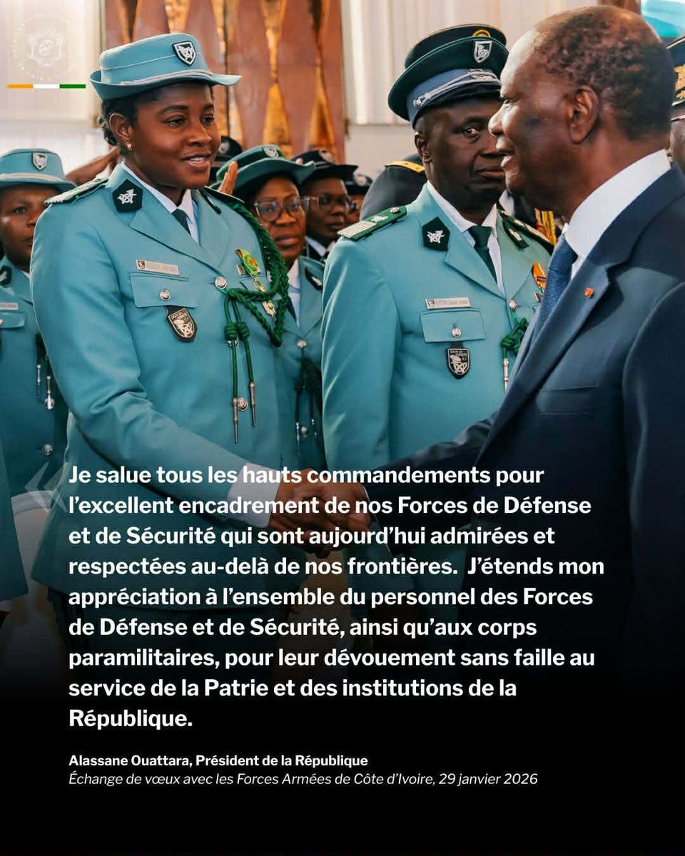 AOuattara_PRCI's tweet photo. Je salue tous les hauts commandements pour l’excellent encadrement de nos Forces de Défense et de Sécurité qui sont aujourd’hui admirées et respectées au-delà de nos frontières. 
J’étends mon appréciation à l’ensemble du personnel des Forces de Défense et de Sécurité, ainsi qu’aux corps paramilitaires, pour leur dévouement sans faille au service de la Patrie et des institutions de la République.