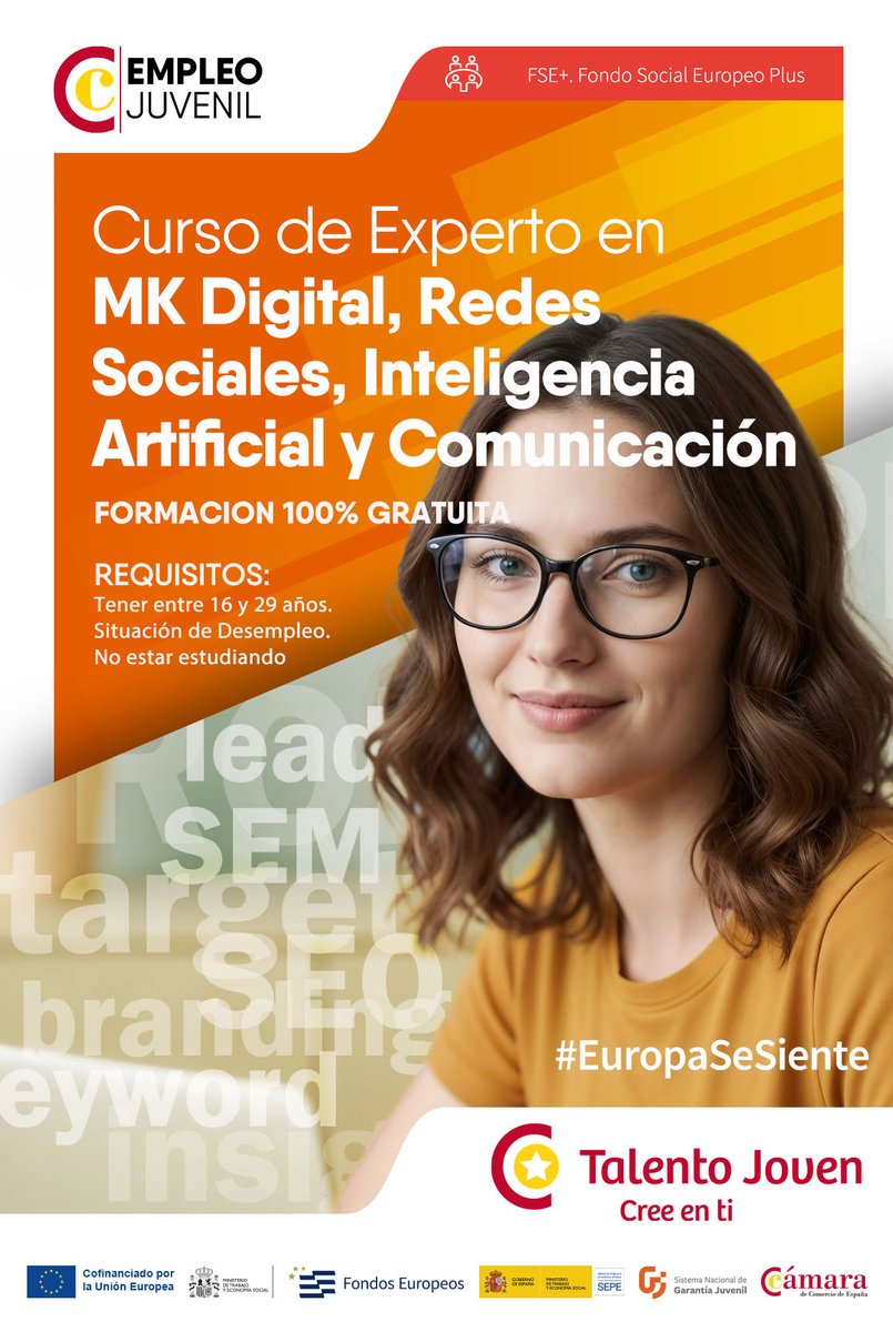 camaraofcordoba's tweet photo. 👌CURSO GRATUITO DE EXPERTO EN MARKETING DIGITAL, REDES SOCIALES, IA Y COMUNICACIÓN en el marco del programa #TalentoJoven
📆 Comienza el 16 de febrero en nuestra sede
👉Inscripciones: https://t.co/1Pz93gE2Fx
#EuropaSeSiente #FondosEuropeos @FondosUE_Esp https://t.co/zs70RPYh4i