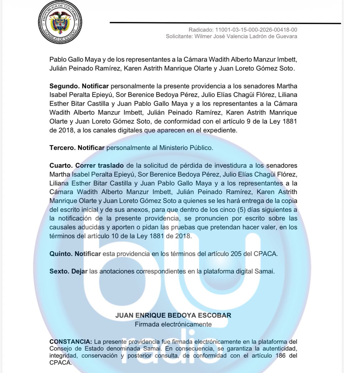 Atención: El <a href="/consejodeestado/">Consejo de Estado</a> admitió para estudio una demanda de pérdida de investidura en contra de los seis congresistas de la comisión interparlamentaria de crédito público investigados por el escándalo de corrupción en la <a href="/UNGRD/">UNGRD🇨🇴</a> Vía <a href="/BluRadioCo/">BluRadio Colombia</a>