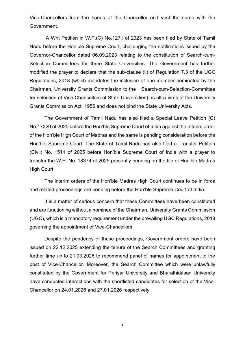 lokbhavan_tn's tweet image. Constitution and Extension of Search Committees for Appointment of Vice-Chancellors of State Universities By the Government of Tamil Nadu, contrary to judicial orders
Lok Bhavan Press Release No: 6

#PressRelease #HigherEducation #ViceChancellors #Chancellor #GovernorRavi